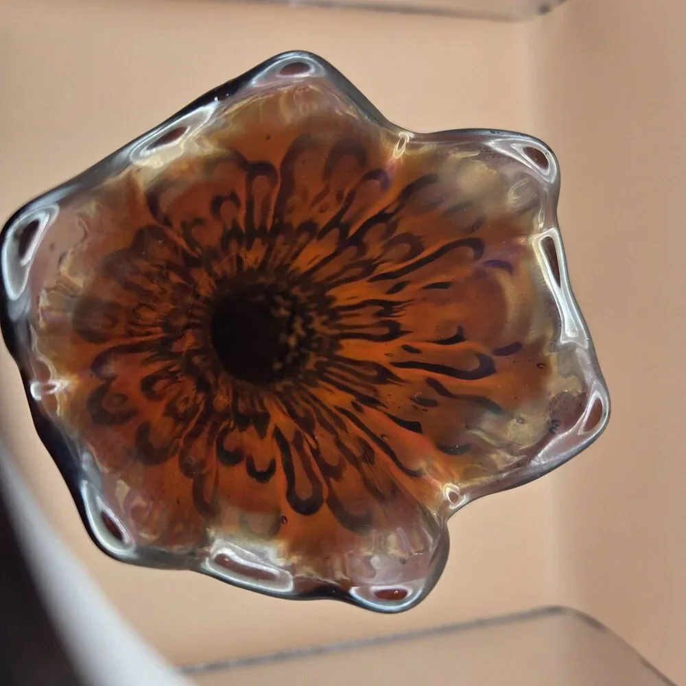 Iridescent Art Glass Ruffled Trumpet Vase Glossy Purple Multicolor 11